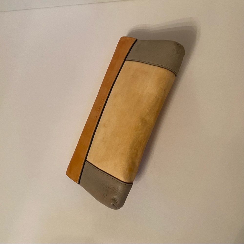 REED KRAKOFF BAG CLUTCH TAN CREAM GRAY COLOR BLOCK LEATHER SNAP FLAP LUXURY - Picture 5 of 15